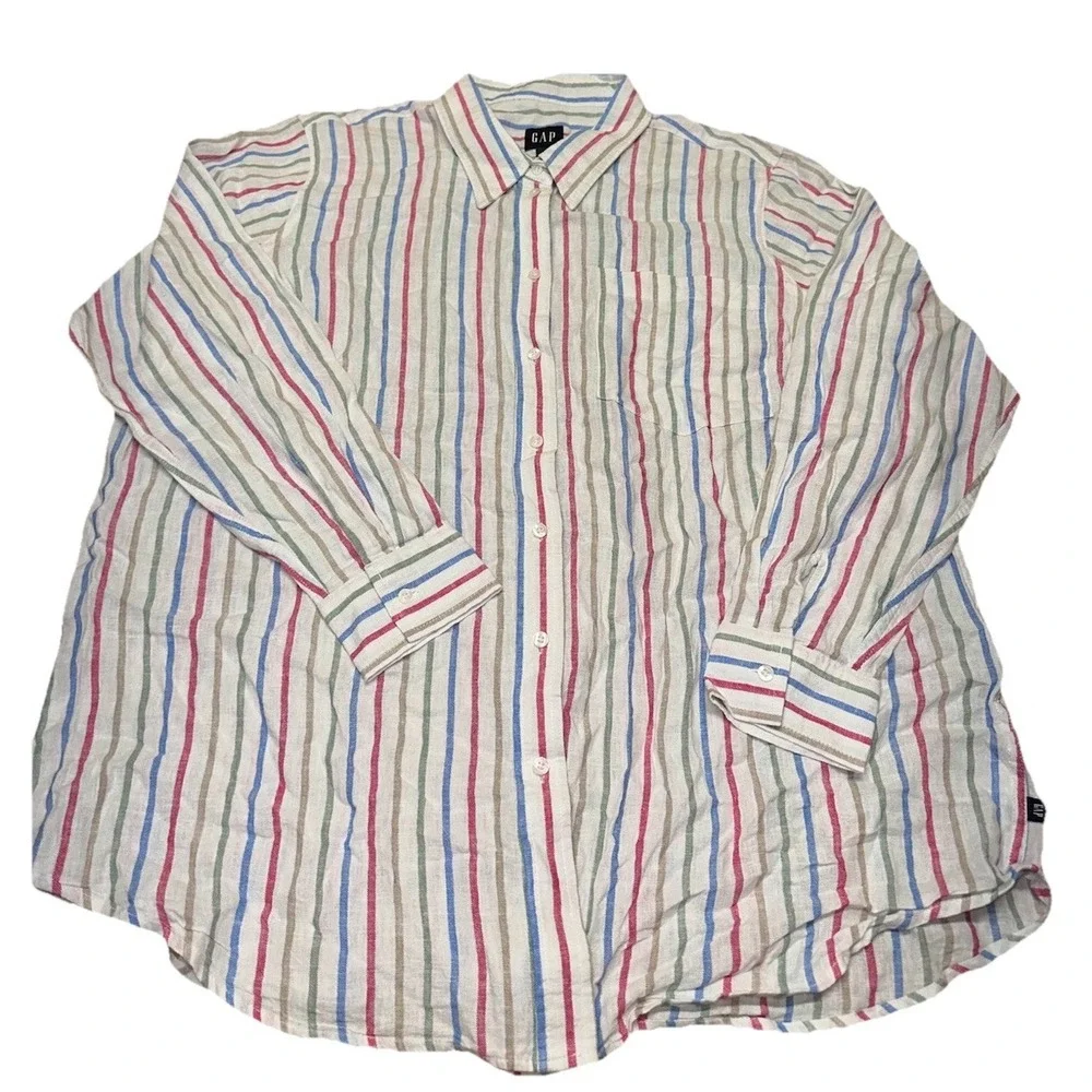 Gap Multicolor Striped Button Down Linen Blend Shirt Relaxed Vacation Women's XL - Picture 2 of 8